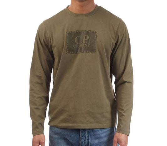 C.P. COMPANY LONG SLEEVE BOX LOGO COTTON T-SHIRT OLIVE GREEN L RRP £120 BNWT