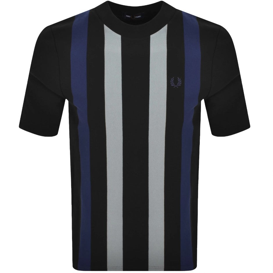 FRED PERRY VERTICAL STRIPE PIQUE COTTON T-SHIRT BLACK/BLUE RRP £65 BNWT