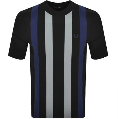 FRED PERRY VERTICAL STRIPE PIQUE COTTON T-SHIRT BLACK/BLUE RRP £65 BNWT