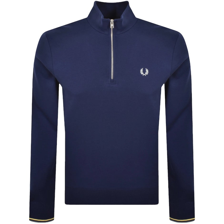 FRED PERRY QUARTER ZIP COTTON FLEECE SWEATSHIRT FRENCH NAVY/CHAMPIONS GOLD/STOCKPORT BLUE MEDIUM RRP £95 BNWT