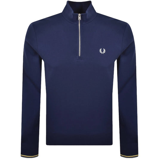 FRED PERRY QUARTER ZIP COTTON FLEECE SWEATSHIRT FRENCH NAVY/CHAMPIONS GOLD/STOCKPORT BLUE MEDIUM RRP £95 BNWT