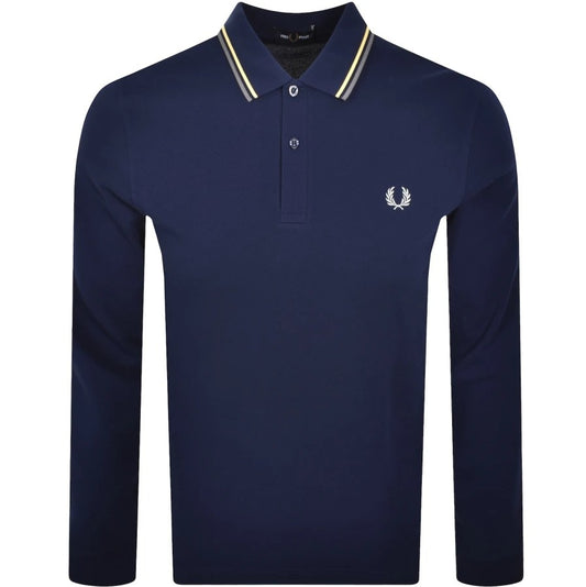 FRED PERRY TWIN TIPPED COTTON LONG SLEEVE POLO SHIRT FRENCH NAVY RRP £95 NEW
