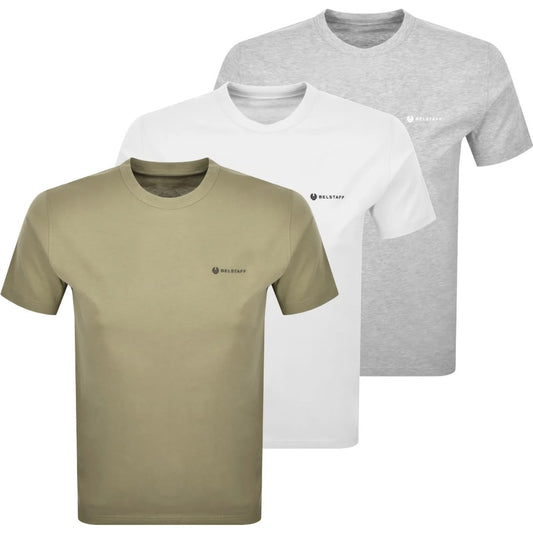BELSTAFF 3 PACK COTTON SQUAD T-SHIRTS FATIGUE GREEN/WHITE/OLD SILVER HEATHER GREY NEW