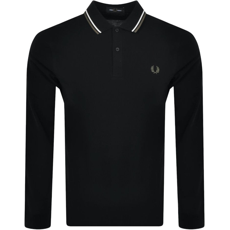 FRED PERRY TWIN TIPPED COTTON LONG SLEEVE POLO SHIRT BLACK RRP £95 NEW