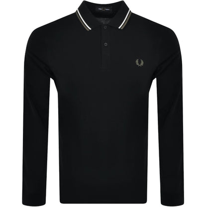 FRED PERRY TWIN TIPPED COTTON LONG SLEEVE POLO SHIRT BLACK RRP £95 NEW