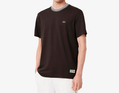 LACOSTE COTTON TIPPED CREW NECK T-SHIRT BROWN RRP £75 BNWT