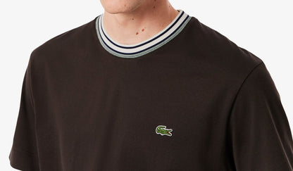 LACOSTE COTTON TIPPED CREW NECK T-SHIRT BROWN RRP £75 BNWT
