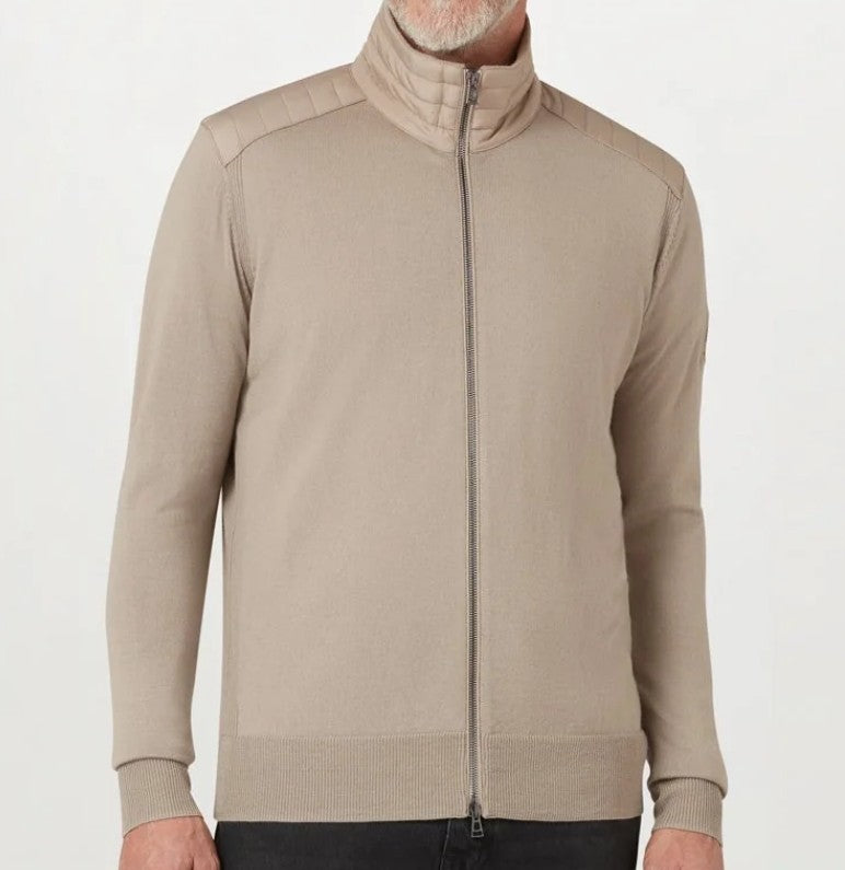BELSTAFF KELBY MERINO WOOL MIXED MEDIA ZIPPED CARDIGAN DARK SAND RRP £250