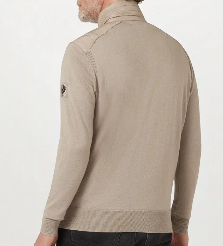 BELSTAFF KELBY MERINO WOOL MIXED MEDIA ZIPPED CARDIGAN DARK SAND RRP £250