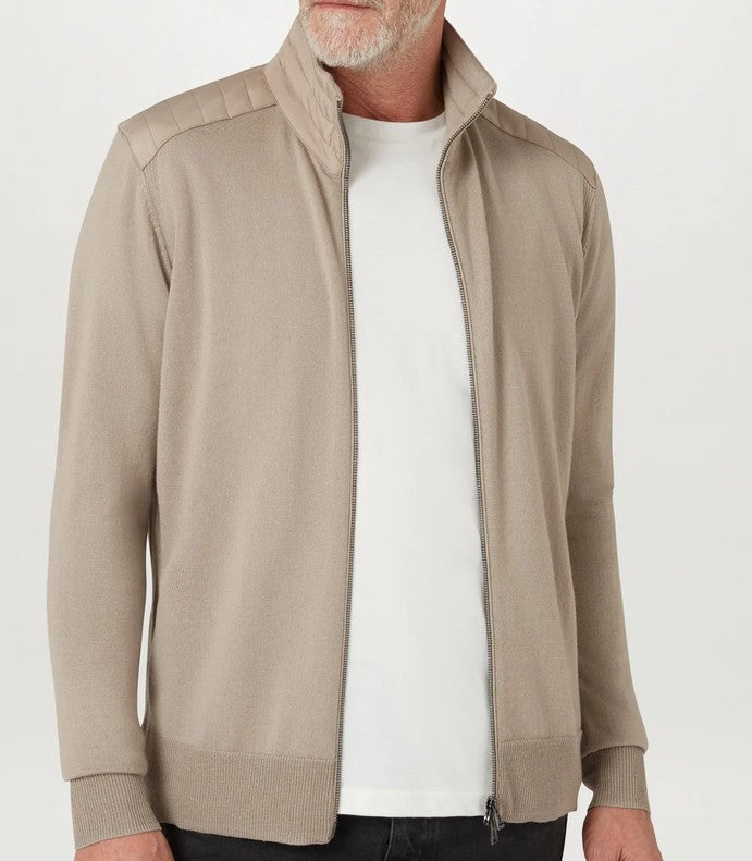 BELSTAFF KELBY MERINO WOOL MIXED MEDIA ZIPPED CARDIGAN DARK SAND RRP £250