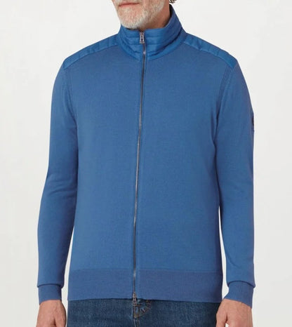 BELSTAFF KELBY MERINO WOOL MIXED MEDIA ZIPPED CARDIGAN MARINE BLUE RRP £250