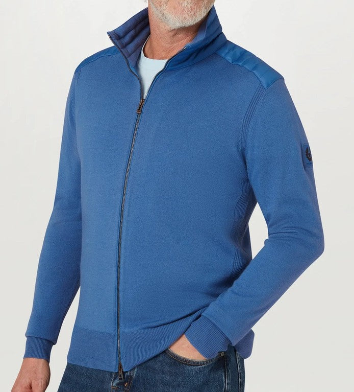 BELSTAFF KELBY MERINO WOOL MIXED MEDIA ZIPPED CARDIGAN MARINE BLUE RRP £250
