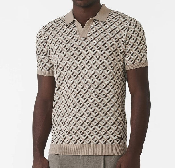 MAUVAIS MATISSE GEO SLIM FIT KNIT NYLON BLEND POLO SHIRT BEIGE 3XL RRP £59 BNWT