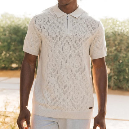 MAUVAIS CHALBI SLIM FIT KNIT POINTELLE ZIP COTTON/ACRYLIC POLO SHIRT BEIGE 3XL