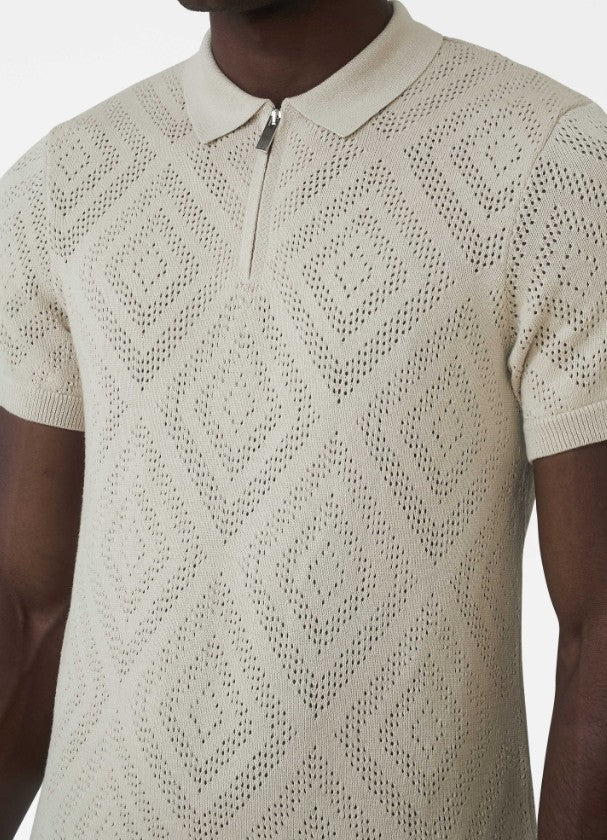 MAUVAIS CHALBI SLIM FIT KNIT POINTELLE ZIP COTTON/ACRYLIC POLO SHIRT BEIGE 3XL