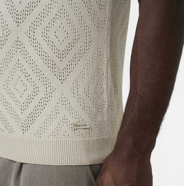 MAUVAIS CHALBI SLIM FIT KNIT POINTELLE ZIP COTTON/ACRYLIC POLO SHIRT BEIGE 3XL