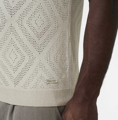 MAUVAIS CHALBI SLIM FIT KNIT POINTELLE ZIP COTTON/ACRYLIC POLO SHIRT BEIGE 3XL