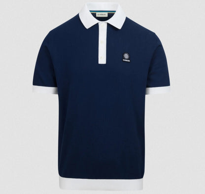 SANDBANKS 3 BUTTON KNITTED COTTON BADGE LOGO POLO SHIRT NAVY L RRP £125 BNWT