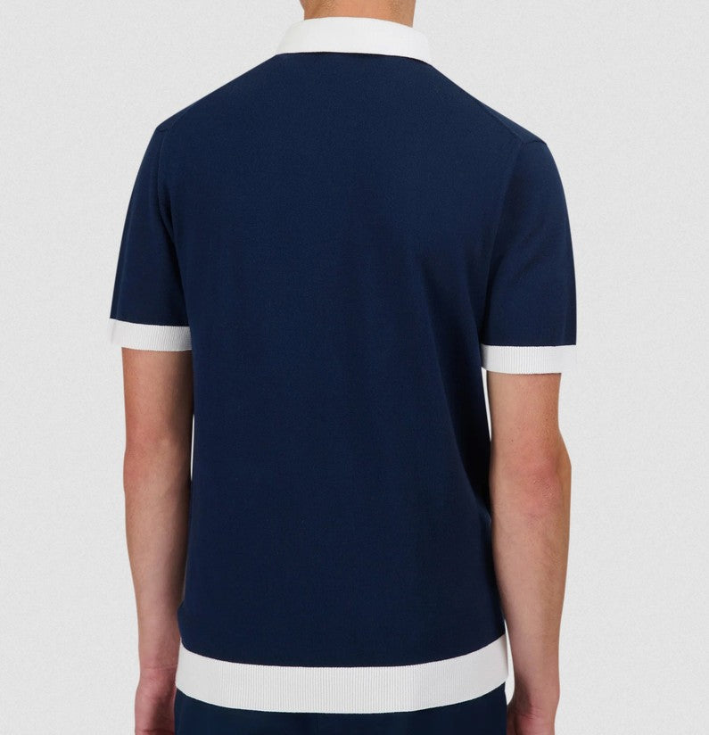 SANDBANKS 3 BUTTON KNITTED COTTON BADGE LOGO POLO SHIRT NAVY L RRP £125 BNWT