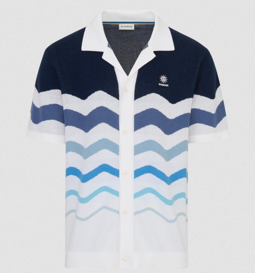 SANDBANKS GRADIENT WAVE KNITTED COTTON SHIRT BLUE RRP £165 BNWT