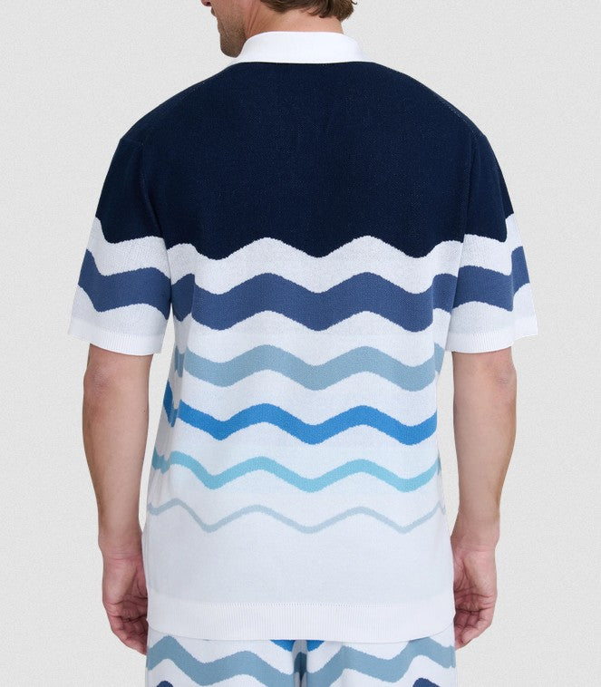 SANDBANKS GRADIENT WAVE KNITTED COTTON SHIRT BLUE RRP £165 BNWT