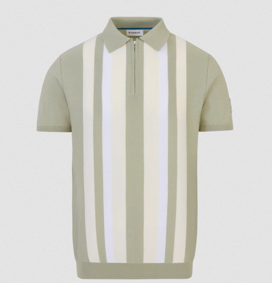 SANDBANKS VERICAL STRIPE ZIP UP KNITTED COTTON POLO SHIRT SAGE RRP £160 BNWT