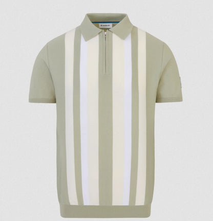 SANDBANKS VERICAL STRIPE ZIP UP KNITTED COTTON POLO SHIRT SAGE RRP £160 BNWT