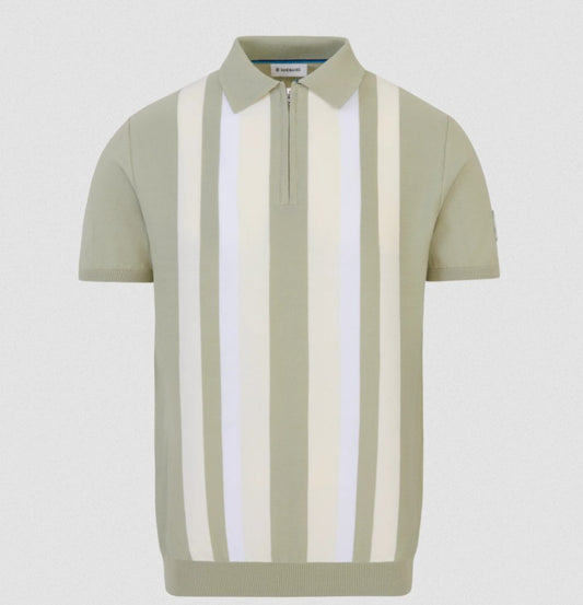 SANDBANKS VERTICAL STRIPE ZIP UP KNITTED COTTON POLO SHIRT SAGE RRP £160 BNWT