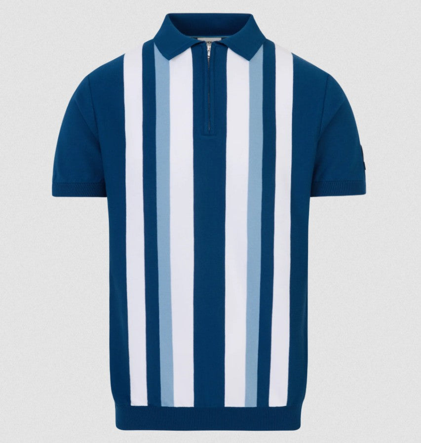 SANDBANKS VERICAL STRIPE ZIP UP KNITTED COTTON POLO SHIRT NAVY RRP £160 BNWT