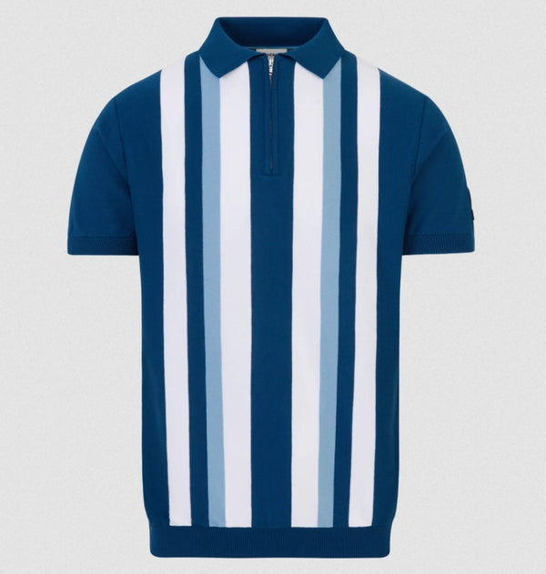 SANDBANKS VERICAL STRIPE ZIP UP KNITTED COTTON POLO SHIRT NAVY RRP £160 BNWT