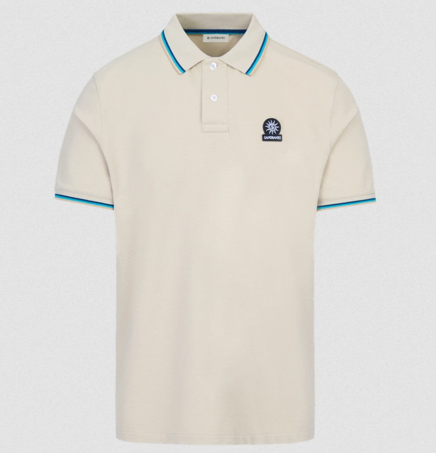 SANDBANKS TIPPED PIQUE COTTON BADGE LOGO POLO SHIRT STONE 2XL RRP £115 BNWT