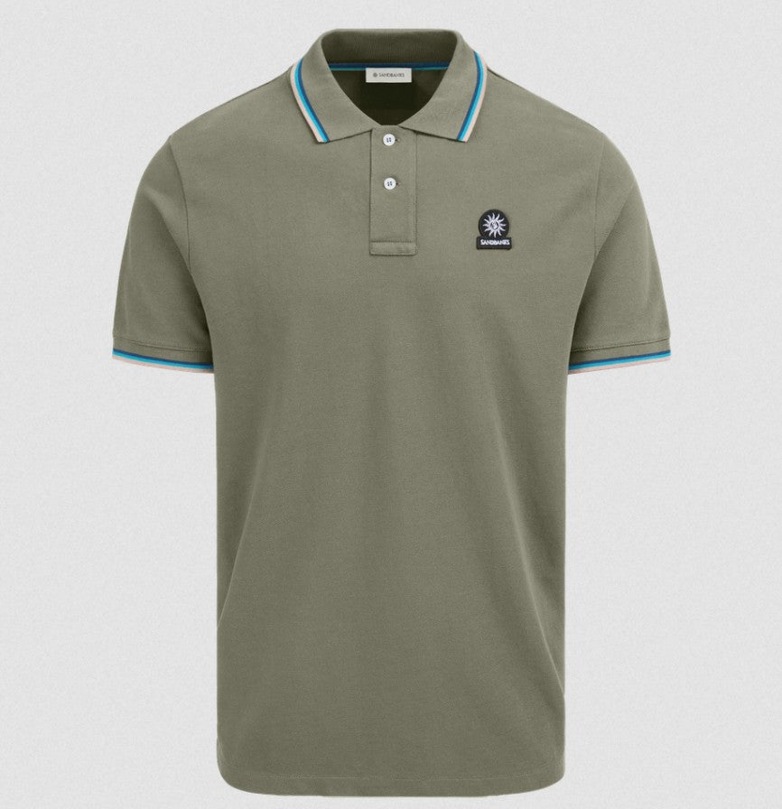 SANDBANKS TIPPED PIQUE COTTON BADGE LOGO POLO SHIRT ARMY GREEN 2XL RRP £115 BNWT