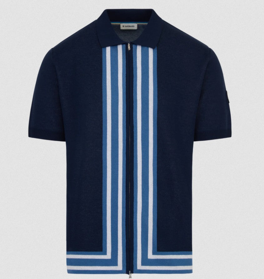 SANDBANKS STRIPE ZIP KNITTED COTTON POLO SHIRT NAVY BLUE RRP £175 BNWT