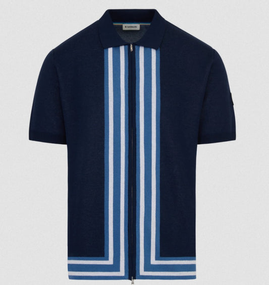 SANDBANKS STRIPE ZIP KNITTED COTTON POLO SHIRT NAVY BLUE RRP £175 BNWT