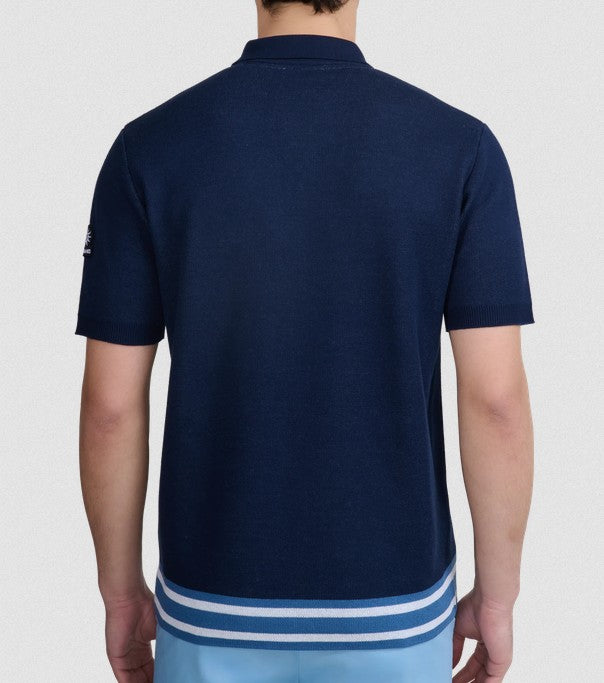 SANDBANKS STRIPE ZIP KNITTED COTTON POLO SHIRT NAVY BLUE RRP £175 BNWT