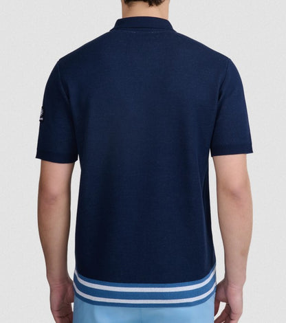 SANDBANKS STRIPE ZIP KNITTED COTTON POLO SHIRT NAVY BLUE RRP £175 BNWT