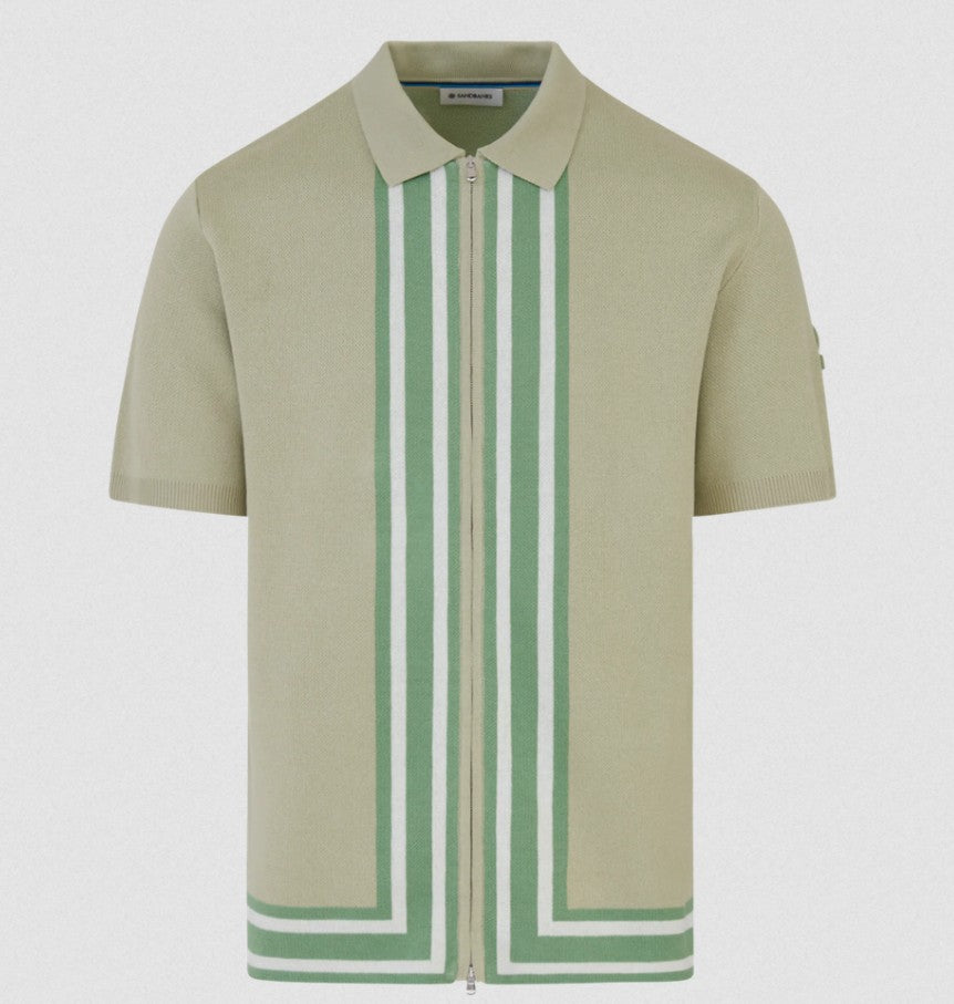 SANDBANKS STRIPE ZIP KNITTED COTTON POLO SHIRT SAGE GREEN RRP £175 BNWT