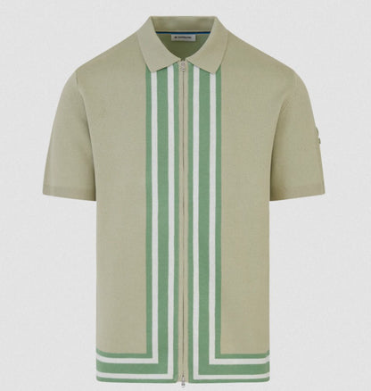 SANDBANKS STRIPE ZIP KNITTED COTTON POLO SHIRT SAGE GREEN RRP £175 BNWT