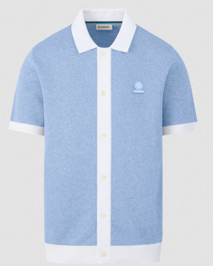 SANDBANKS FULL BUTTON KNITTED COTTON POLO SHIRT DUSTY BLUE/WHITE RRP £165 BNWT
