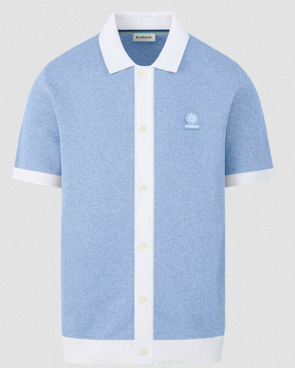 SANDBANKS FULL BUTTON KNITTED COTTON POLO SHIRT DUSTY BLUE/WHITE RRP £165 BNWT