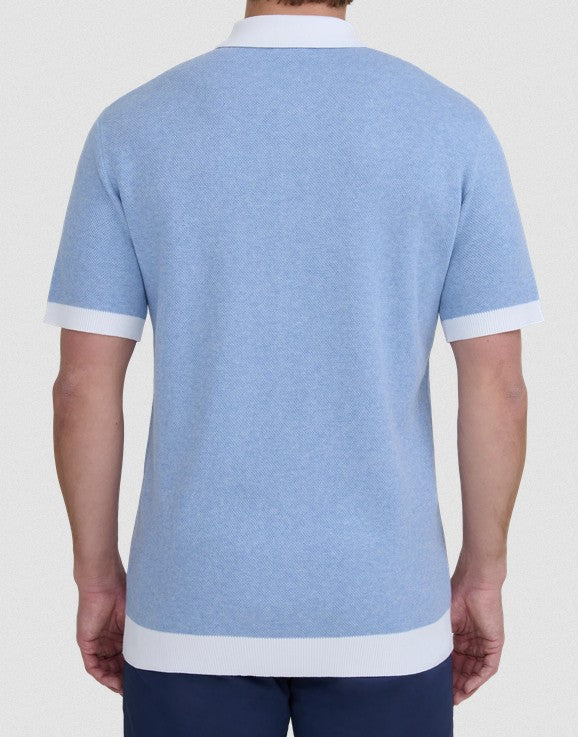 SANDBANKS FULL BUTTON KNITTED COTTON POLO SHIRT DUSTY BLUE/WHITE RRP £165 BNWT