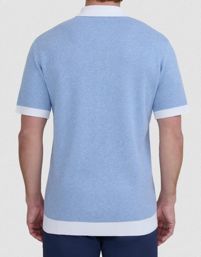 SANDBANKS FULL BUTTON KNITTED COTTON POLO SHIRT DUSTY BLUE/WHITE RRP £165 BNWT