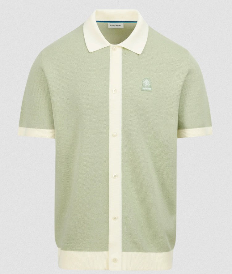 SANDBANKS FULL BUTTON KNITTED COTTON POLO SHIRT SAGE GREEN/WHITE RRP £165 BNWT