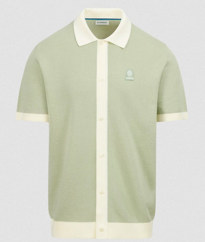 SANDBANKS FULL BUTTON KNITTED COTTON POLO SHIRT SAGE GREEN/WHITE RRP £165 BNWT