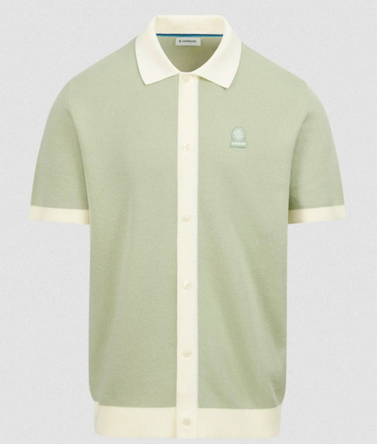 SANDBANKS FULL BUTTON KNITTED COTTON POLO SHIRT SAGE GREEN/WHITE RRP £165 BNWT