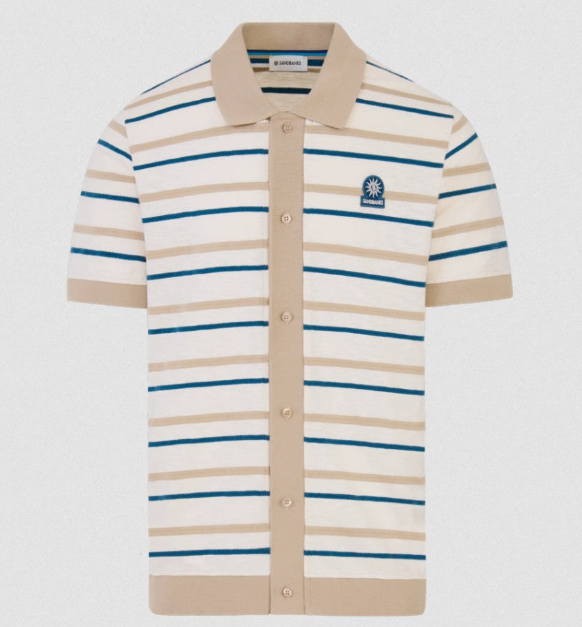 SANDBANKS FULL BUTTON KNITTED JACQUARD COTTON POLO SHIRT MULTI RRP £145 BNWT