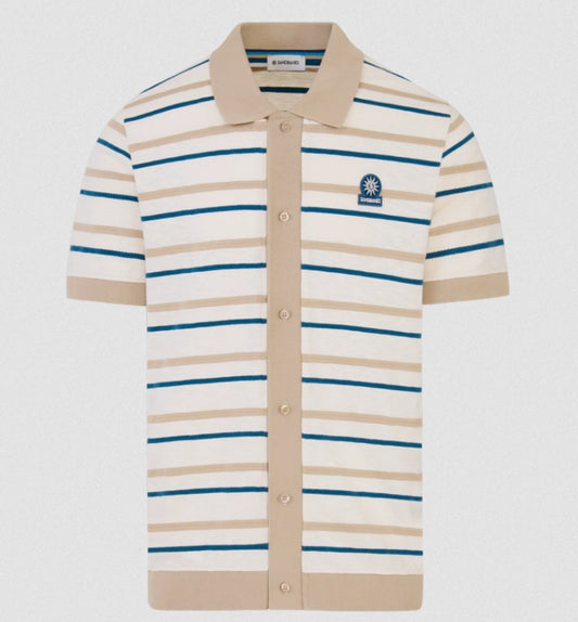 SANDBANKS FULL BUTTON KNITTED JACQUARD COTTON POLO SHIRT MULTI RRP £145 BNWT
