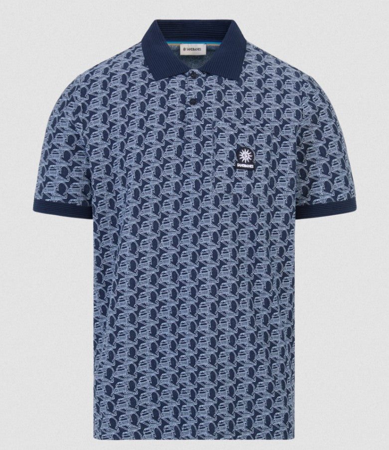 SANDBANKS JACQUARD COTTON MONOGRAM LOGO POLO SHIRT NAVY BLUE RRP £135 BNWT