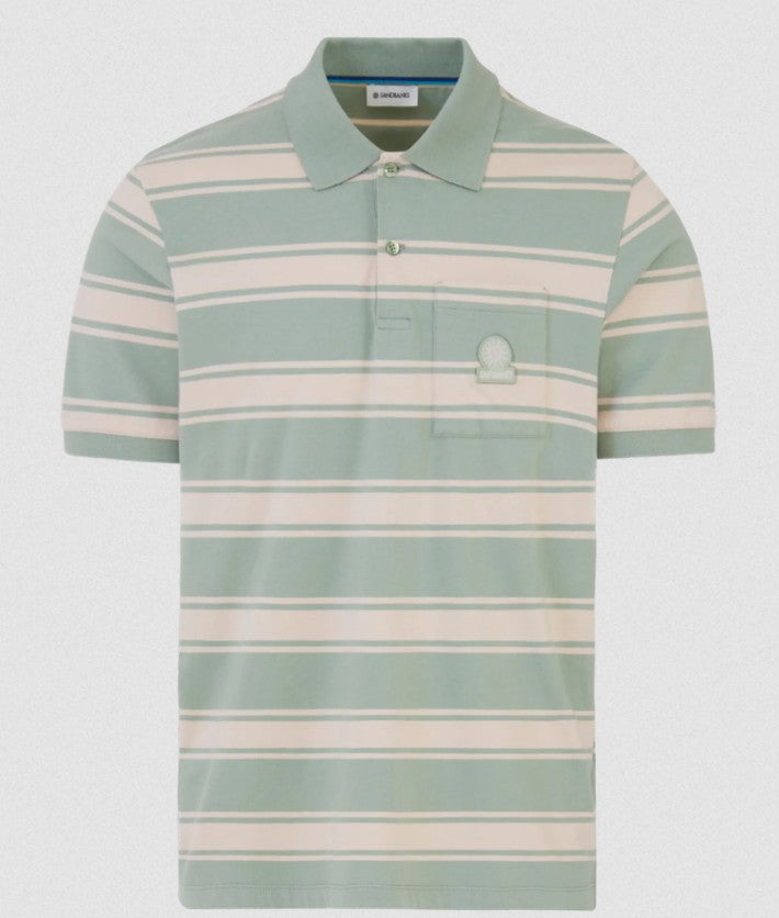 SANDBANKS STRIPE POCKET COTTON POLO SHIRT SAGE GREEN RRP £125 BNWT