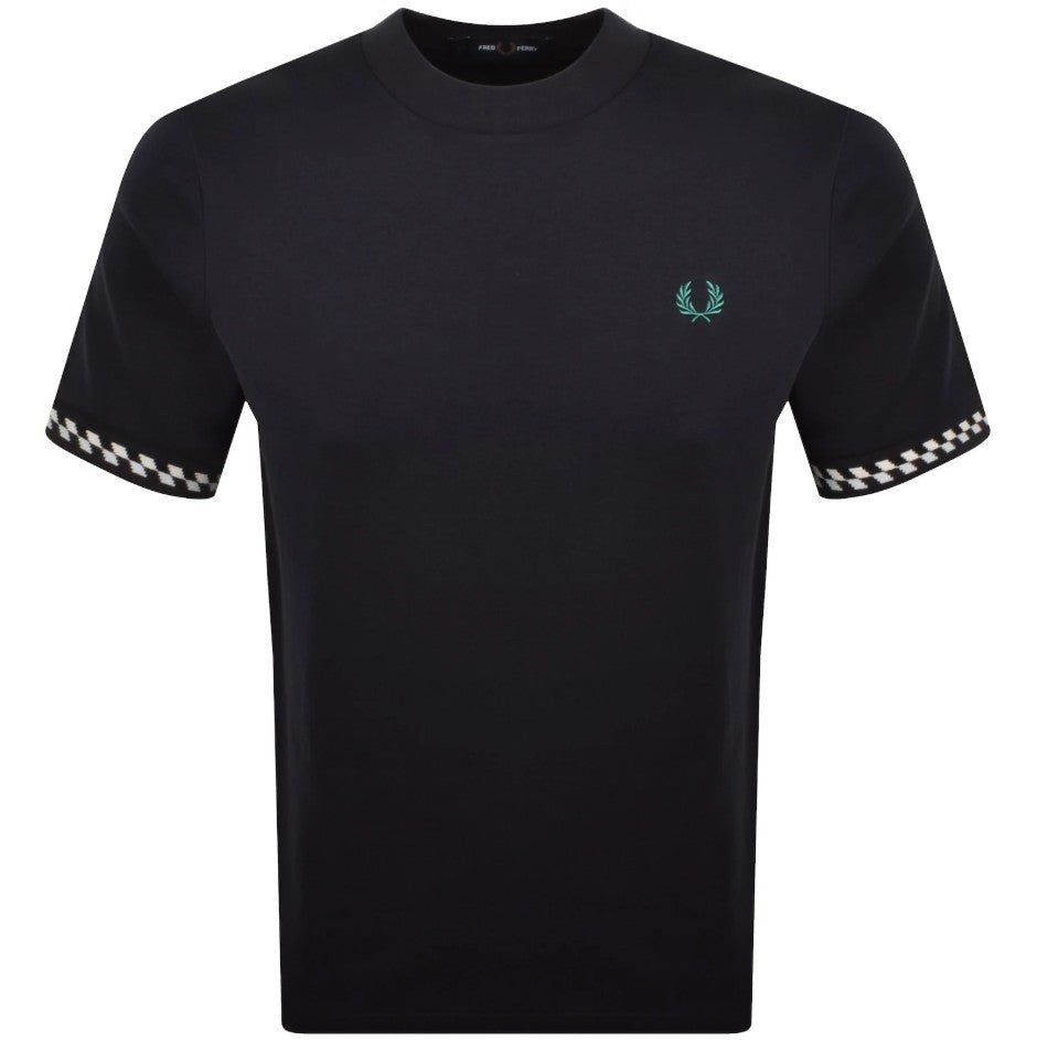 FRED PERRY JACQUARD CUFF COTTON T-SHIRT NAVY BLUE MEDIUM RRP £60 BNWT